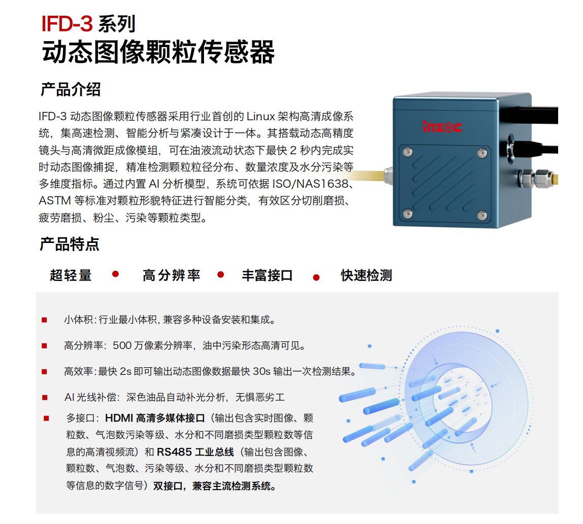 IFD-3系列動態圖像顆粒傳感器采用行業首創的 Linux 架構高清成像系統，集高速檢測、智能分析與緊湊設計于一體。其搭載動態高精度鏡頭與高清微距成像模組，可在油液流動狀態下最快 2 秒內完成實時動態圖像捕捉，精準檢測顆粒粒徑分布、數量濃度及水分污染等多維度指標。通過內置 AI 分析模型，系統可依據 ISO/NAS1638、ASTM 等標準對顆粒形貌特征進行智能分類，有效區分切削磨損、疲勞磨損、粉塵、污染等顆粒類型。